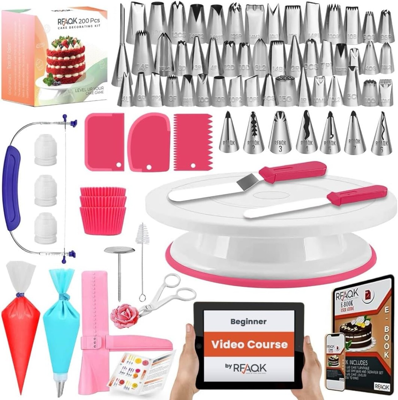200-Piece Cake Decorating Kit – Turntable, Leveler, 111 Piping Bags, 55 Tips, Spatulas & Tutorial